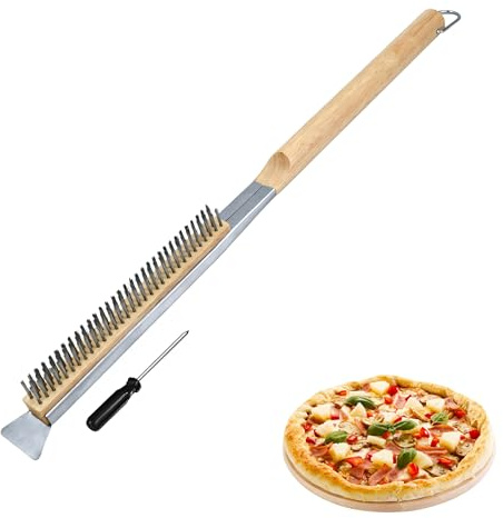 26” Pizza Oven Brush with Stone Scraper - Heat Resistant Stainless Steel Bristles, Extra Long Handle - Compatible with Ovens - Includes Spare Head