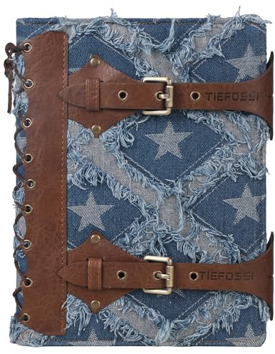 TIEFOSSI Denim Journal für Damen und Herren – Vintage PU-Leder Notizbuch mit 6-Ring-Mechanik, College Lineatur, Nachfüllbar mit Innentaschen (17,8 x 23,5 cm)