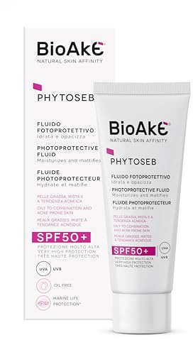 BIOAKE Solare Viso 50SPF UVA/UVB Seboregolatore Pelle Grassa e Mista 40ml | Crema ad azione antimacchie e antiossidante. Texture Leggera. Con Alghe Marine, Omega 3-6-9 e Vitamina E