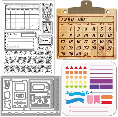 GLOBLELAND Tampons Transparents Vintage pour Calendrier Bordures Cadres Matrices de Découpe Pochoirs Date Chiffres et Mois Tampons en Silicone Matrices de Découpe en Métal Symbole de Ligne Modèle