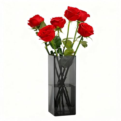 Koelaa Jarrón Acrílico Gris Translúcido para Flores, Jarrones Decorativos Modernos Irrompibles, Florero Minimalista Cuadrado para Salón/Bodas, Centro de Mesa Moderno para Hogar/Restaurante - 12x25cm
