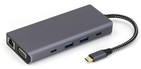 Adaptador USB C a HDTV VGA, base de expansión de 10 puertos con Ethernet RJ45 de 3,5 mm, USB3.0, USB 2.0, lector de tarjetas TF USB C con lector de tarjetas TF