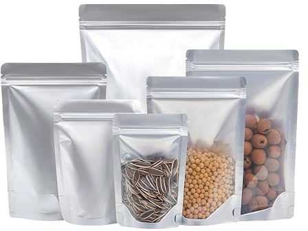 WACCOMT Pack 50 stycken silver ren aluminiumfolie stående upp klar front Mylar påsar livsmedelsförvaring dragkedjepåsar varm tätning luktfri förpackningspåse (10 x 15 cm (3,9 x 5,9 tum)