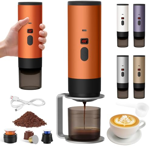 Rnoqamy Machine a Cafe Portable avec Support,Nouveau Cafetière Portable 3 en 1,Affichage Intelligent Machine a Cafe,Rechargeable Cafetiere Electrique Compatible avec Cup et Café Moulu (Orange-1)