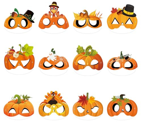 Qpout Lot de 24 masques de citrouille, cadeaux de fête d'automne, décorations de fête d'automne, accessoires photo, masques en papier de Thanksgiving, masques de fête d'automne, masques de citrouille