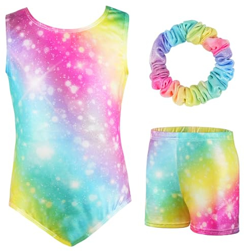 AOOWU Mädchen Dreiteilige Gymnastikanzüge, Glitzernde Gymnastikanzug, Ärmelloser Gymnastik Set mit Shorts und Haarband, Balletteinheitstrikots- Gymnastik Outfit Sternenlicht-Regenbogen für 3-12 Jahre