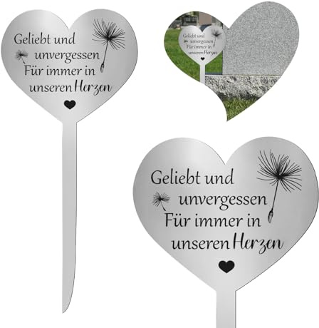 Itharon Decorazione Cimitero Cuore, Targa Cimitero in Acciaio Inox con Scritto Geliebt und unvergessen, 28x12cm Resistente alle Intemperie, Placca Commemorativa per Tomba, Giardino della Memoria