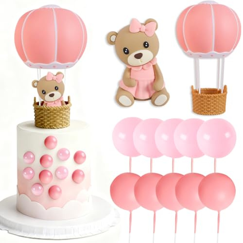 Bear Cake Toppers, Hot Air Balloon Bear Cake Fecoration 12-Piece Set with Pink Bear, Hot Air Balloon, Pink Balls for Birthday Party Decorations