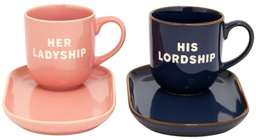 HTUK His & Her Lordship Snack Set Bundle – Blue & Pink Bone China Mug & Snack Tray Set | Large Coffee & Tea Cup with Plate | Gift Set for Couples, Home, Kitchen, Tea & Coffee Lovers