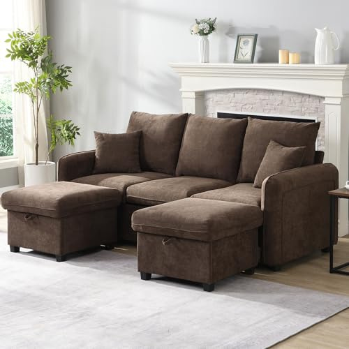 Bladez Ecksofa Set in Antikbraun| U-Form 3-Sitzer Sofa mit 2 Staufußhockern & Schubladen | Modulares 3-Sitzer Schlafsofa aus Cord-Stoff | Multifunktionales Wohnlandschaft-Set Kleine Wohnungen
