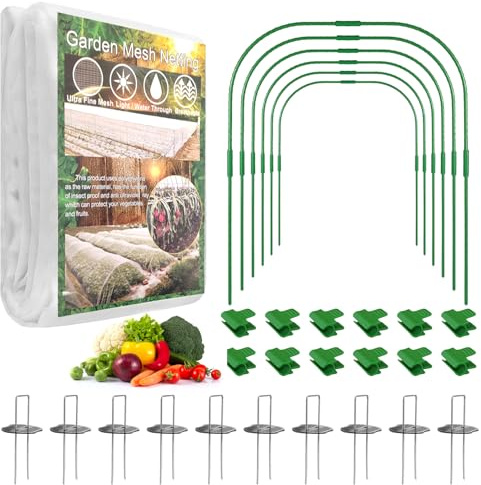 Garden Mesh Netting Kit with Hoops – 3 x 15 m Insect Netting, 6 Sets Garden Hoops, 16 Clips & 10 Garden Pegs Stakes with Washers – Complete Crop Protection System for Vegetables, Plants & Raised Beds