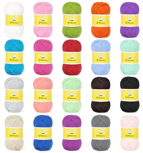 Reessy 100% Cotton Yarn, 500g(20×25g) Cotton Yarn for Crochet, Amigurumi Cotton DK Yarn for Knitting, Soft 8 Ply Crochet Yarn Set Multi Color - Suitable for Exquisite Colorful Crafts