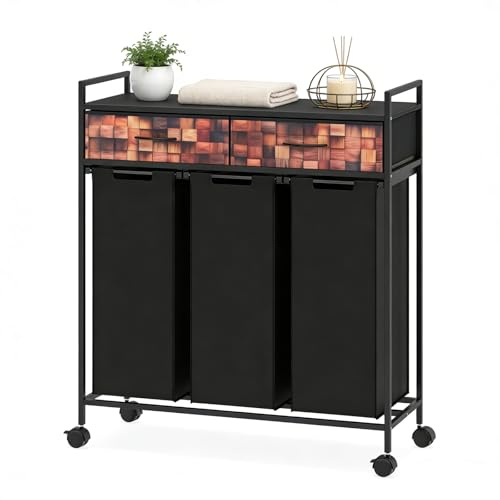 LIFEZEAL Wäschekorb 3 Fächer, Wäschesammler mit Ablage & herausnehmbaren Schubladen, Wäschebox Oxford-Gewebe, Wäschesortierer auf Rollen für Waschraum, Badezimmer (3 x 45 L)