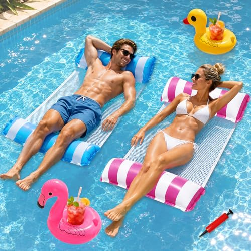 Wasserhängematte Aufblasbar 2 Stück mit 2 Aufblasbares Getränkehalter und 1 Luftpumpe, CIYIN 4 in 1 Pool Hängematte Erwachsene, Luftmatratze Netz, Wasserliege Pool Float Faltbar (Rosa und blau)
