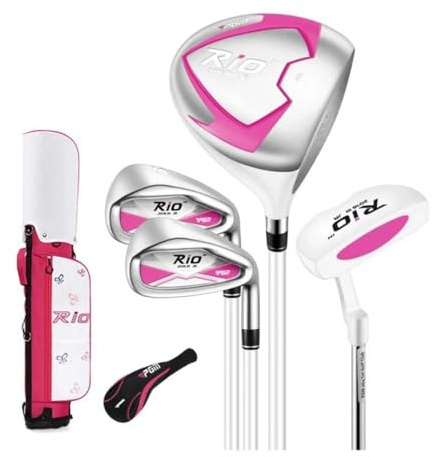 Barn golfklubbor set hybrid verktygsklubbar träjärn putter bärväska komplett för nybörjare junior pojkar flickor golfkit höjd 95–155 cm (rosa, 6–8 år)