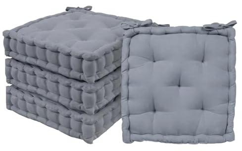 Harbour Housewares Square Seat Pads Pack of 4-40 x 40cm Extra Thick Cushions with Ties, Indoor Outdoor Chair Seat Pads for Dining Chairs, Garden, Patio & Bistro Seating - Grey
