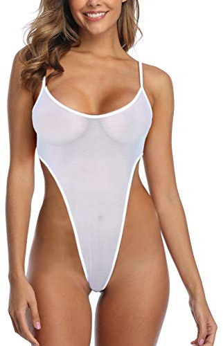 SHERRYLO genomskinlig baddräkt högt skuren mikromonokini bikini mini nät transparent baddräkt, Vitt, L
