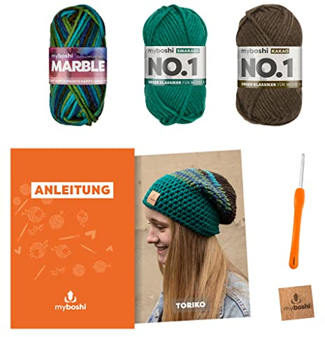 myboshi Häkelset Toriko, inkl. Marble Grace und No.1 Wolle, Nadel und Anleitung, für Beanie, 30% Merinowolle Braun, mit Häkelnadel
