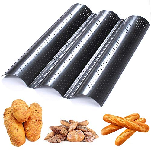 MNBHJK Baguette Backblech Edelstahl Antihaft Baguetteform Brotschimmel Antihaft Perforiert Baguette Pan Brotbackform 3 Groove FranzöSisch Brot Pfanne Baguetteblech aus Edelstahl Hochwertige (Schwarz)