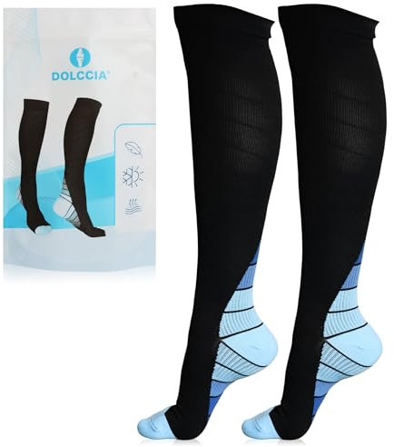 DOLCCIA - Medias de compresión para mujeres y hombres, Calcetines ortopédicos de compresión altos, Alivia dolor e hinchazón piernas, Aumenta la circulación y evita coágulos, Mejora las varices (S/M)