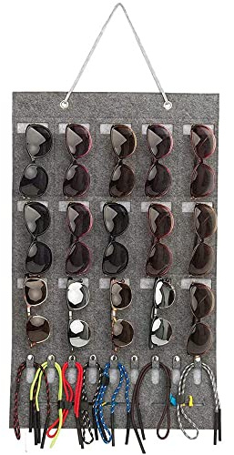 Kaizuca BBrillen Display Hängende, Sonnenbrille Organizer, Aufbewahrung Sonnenbrillenhalter, Filzmaterial,15 Steckplätze, Multifunktionsschnallen, Kartenfächer, für Sonnenbrillen (Lgrau)