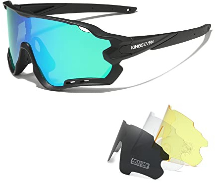 KINGSEVEN Polarisierte Fahrradbrille für Herren Damen Fahrrad MTB Rennrad Sonnenbrille mit 4 Wechselgläsern LS-911 (Schwarz/Grün)