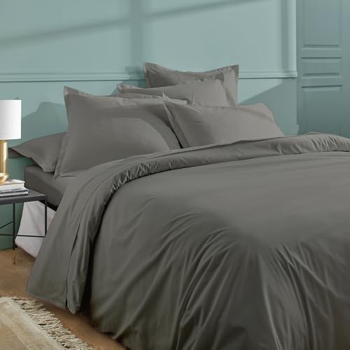 Duquennoy & Lepers – Parure de Lit 2 Personnes 240x220 CM et 2 Taies – Percale 80 Fils 100% Coton Qualité Hôtel – Housse de Couette Grand Lit Finition Rabat – Oeko-TEX® Made in Green – Uni Gris