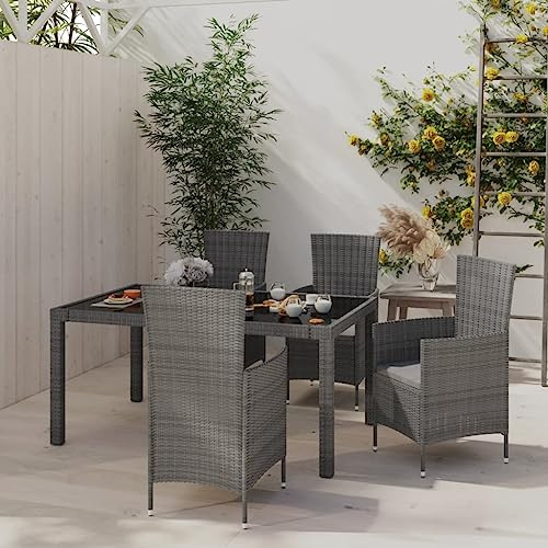 PTUGUOF 5-TLG. Garten-Essgruppe mit Kissen Poly Rattan Grau, pulverbeschichteter Stahlrahmen, abnehmbare Auflagen, Sitzkomfort bis 110 kg