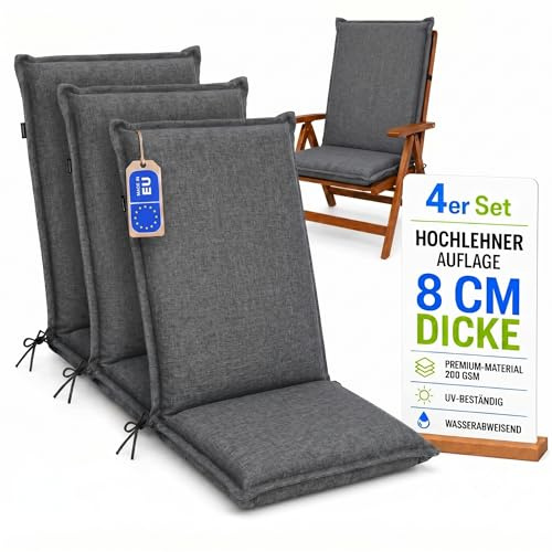Pillows24 Hochlehner Auflagen 4er Set 120x50x8cm, Wasserabweisend & UV-fest