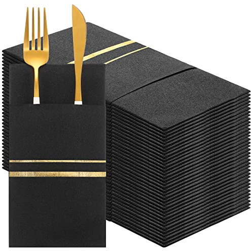 100 Pack Dinner Napkins Disposable Linen Feel Dinner Napkins with Built-in Flatware Pocket Gold Trim Lined Pre Folded Napkins Cloth Like Paper Napkins for Wedding Dinner Party (Black,Gold)