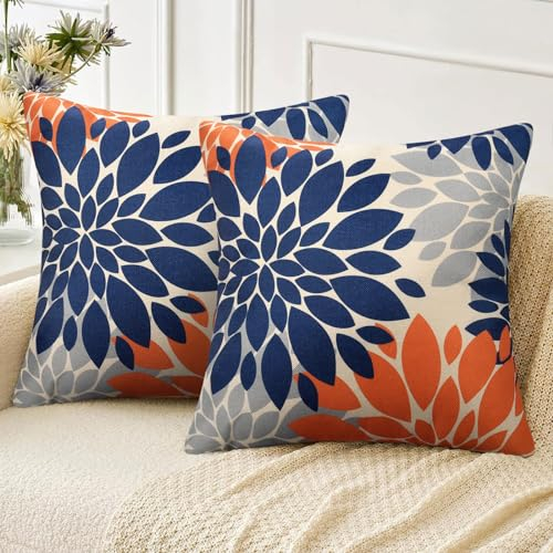 Velvhom Fundas para Cojines Sofá Naranja Azul Gris Flores de Dalia Estampado Juego de 2 Funda de Almohada Cuadrada Lino Elegantes Decorativa para Sofá Coche Cama Sillas Dormitorio Salón 45x45cm