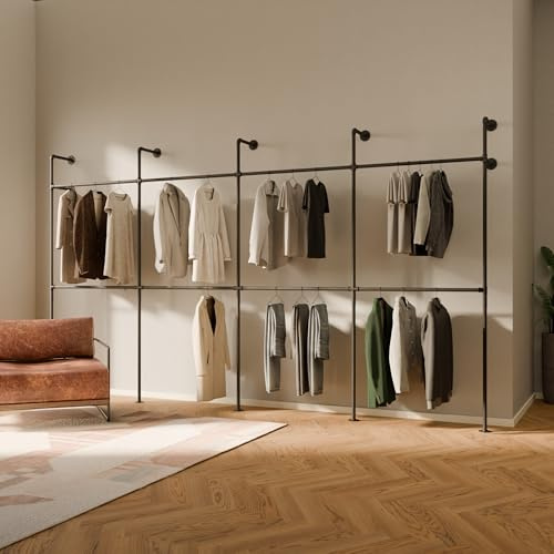 pamo Kleiderstange Wandmontage 392 x 222 cm – 560 kg Traglast | Begehbarer Kleiderschrank offen Kleiderständer industrial schwarz aus Metall Wasserrohren