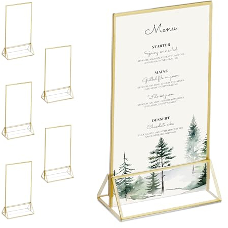 Relaxdays Juego Mesa DIN A6 Set de 6 Soportes de Sobremesa, Boda, Cartas de Menú y Fotos, Expositor de Acrílico, Transparente/Oro