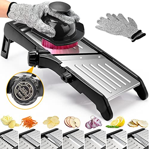 Gemüsehobel Mandoline, 7-in-1 Verstellbar Mandoline Gemüsehobel, Multifunktion Scheiben, Julienne, Edelstahl Gemüsehobel mit 1 Anti-Schneid-Handschuhe，1 Reinigungsbürste