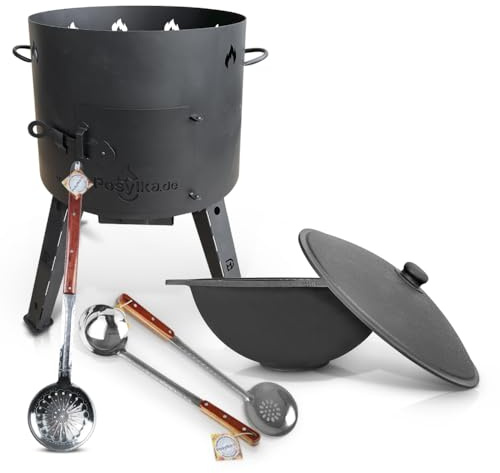 Utschak Feuerofen mit Gusseisen Topf flacher Boden mit Deckel 16 L Ø 44 cm Kazan Schaumlöffel für Plov 64 cm, Schaumlöffel 48 cm, Schöpfkelle für Plov 48 cm Учаг Uchag казан Kasan Oven (Set 4)