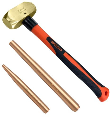 WEDO Marteau en laiton de 0,9 kg avec poignée en fibre de verre et 2 poinçons en cuivre béryllium, forgé sous pression, résistant à la corrosion, norme DIN