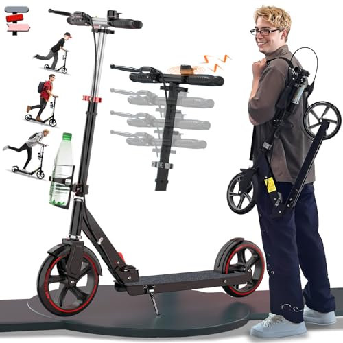 Cityroller Tretroller Erwachsene 150 kg Tragkraft, Cityroller Scooter 230 mm Räder PU Big Wheel, City Roller Kinder, klappbar und Höhenverstellbar mit Bremsen und Stoßdämpfern,Rot