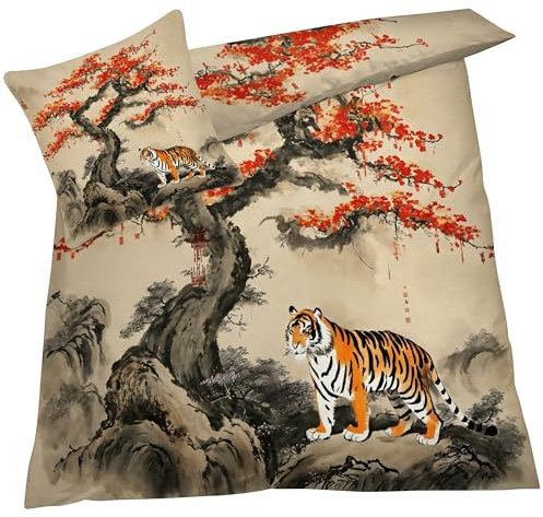 YELDAN Tiger Bettwäsche 140x200 Winter, Tuschemalerei Bettbezug 140x200 2er Set, Wendebettwäsche und Kissenbezug, Weiche & Atmungsaktive Mikrofaser Bettwäsche-Sets
