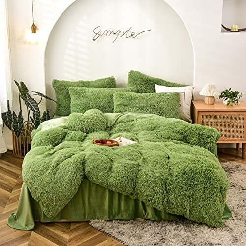 Gusuhome 6 Piece Fluffy Faux Fur Comforter Cover Set Full Size Luxury Ultra Soft Shaggy Plush Duvet Cover Bedding Set with Zipper Closure Solid Color Fuzzy Flannel Microfiber Bed Set(Green)