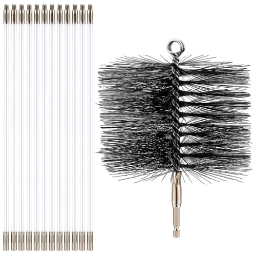 Teenyyou Drahtschornstein-Reinigungsbürste mit 6,35 mm NPT-Anschluss und 12 Stangen, 15,2 cm runde Stahl-Kaminreinigungsbürste und 40,6 cm Fiberglas-Kaminstangen für die Reinigung von Kaminen, Herden,