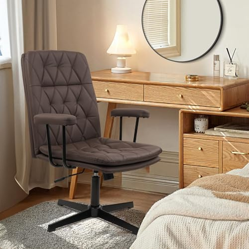 CLATINA Bürostuhl ohne Räder, Leder, überkreuzte Schreibtischstühle mit Armlehnen, moderner Computerstuhl mit Kreuzbeinen, mittlere Rückenlehne, höhenverstellbar, Drehstuhl für Zuhause, Büro