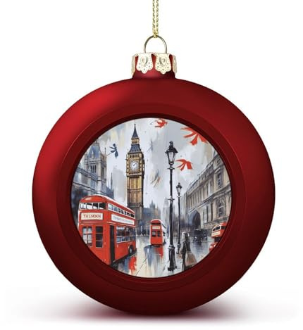 Weihnachtsbaumkugel-Ornamente, rot, London, bedruckt, Weihnachtsball, Weihnachtsbaum-Hängedekorationen für Urlaub, Hochzeit, Kamin, 2 Stück