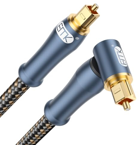 EMK Optical Audio Cable Right Angle Digital Toslink Cable (24K Gold-Plated Corner plug, 90 Degree Fiber Optic, SPDIF to TOSLINK, Nylon Braided) Optical Cable for Speaker, Soundbar, TV (3 meters)