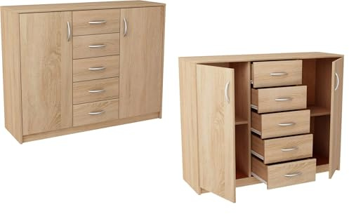 MATKAM Moderne Kommode 2D5S mit 2 Türen und 5 Schubladen - Robuste Aufbewahrungslösung für Schlafzimmer und Wohnbereiche (Sonoma Eiche)