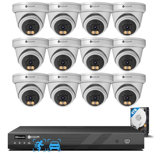 4COVR 16 Channel 4K CCTV Camera Systems PoE, 2-Way Talk, Color Night Vision, Person/Vehicle Detection, 4TB NVR Surveillance Business, 12X 8MP Security Commercial IP Camera IP67 Outdoor, ELY97KA8M1612