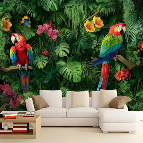 Papier Peint Panoramique Tropical Perroquet Jungle Vert Rouge 200 X 140 Cm(Wxh) 3D Géant,Décoration Murale Intissé,Pour Salon,Chambre,Salle À Manger & Chambre D'Enfant,Murales Design