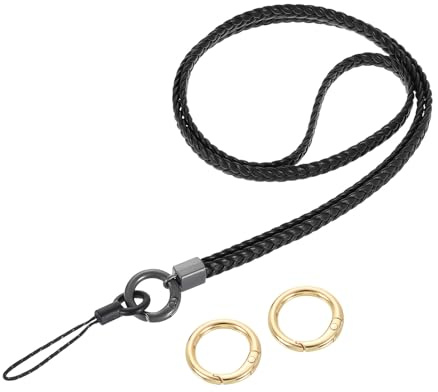 sourcing map Woven Neck Lanyard, 15.4 Leather Handmade Keychain Strap ID Badges Holder Lanyard for Clutch Cellphone Keychain Wallet Purse Accessories, Black