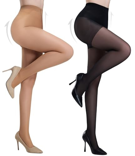 Yilanmy Tummy Control Sheer Tights for Women 40 Denier High Waist Slimming Support Tights Control Top Pantyhose (Black*1+ Natural*1, S)
