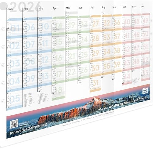 weekview Jahresplaner mit Wochenstruktur DIN A2 farbig GEFALTET, Wandkalender mit Feiertagen, Jahreskalender, Wandplaner | 12 Monate mit klarer Kalenderwoche und Berg Motiv