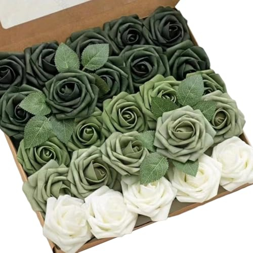 Peosaard Waldgrün Rose, 25 pcs künstliche Rosen mit Stiel, lebensechte schaumgrüne Blüten mit Stamm für DIY -Hochzeitsstraußbräune Brautdusche Mittelstücke